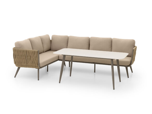 Hliníková rohová sedačna na terasu s jedálenským stolom