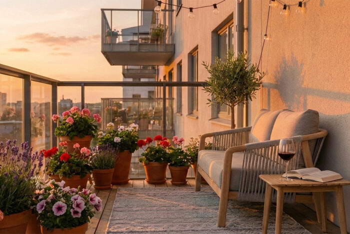 Hliníková sedačka so šedými poduškami na balkóne