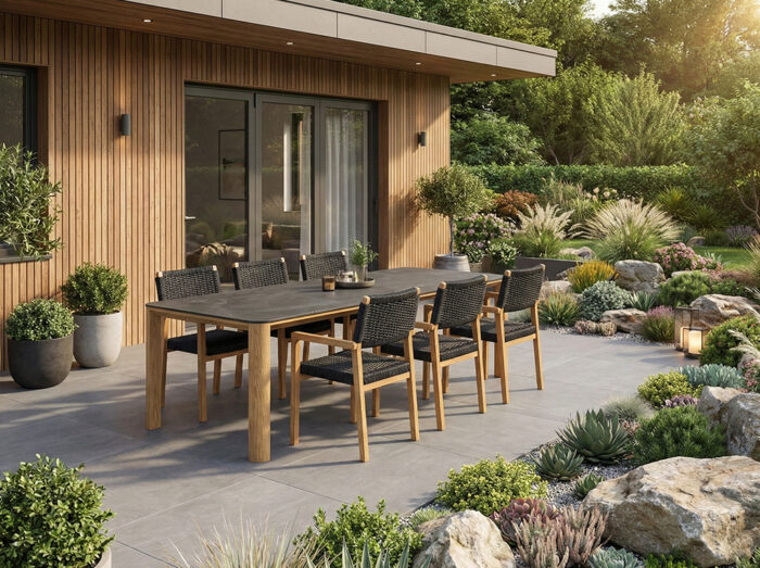 Jedálenský set z teakového dreva pri dome