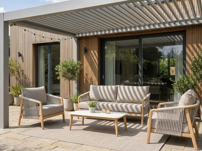 Hliníkový set Atlanta SX pod pergolou na terase, určený pre 4 osoby s konferenčným stolíkom