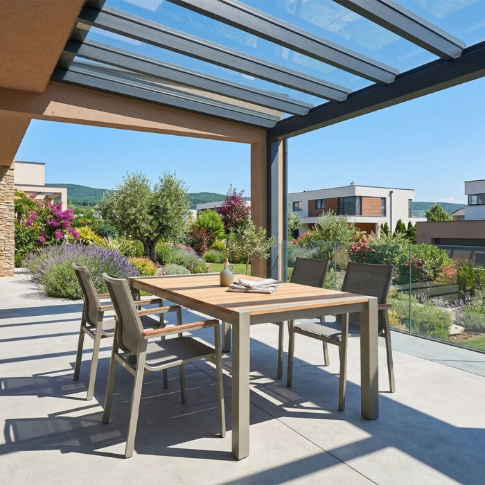 Jedálenská zostava na terase pre 4 ľudí t hliníka a teakového dreva