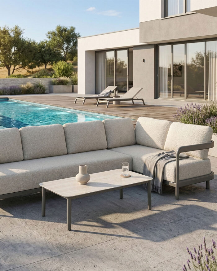 Moderná záhradná sedačka na terase rodinného domu