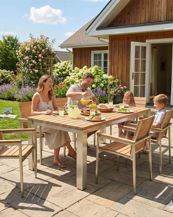 Nerezový nábytok na terasu s drevom