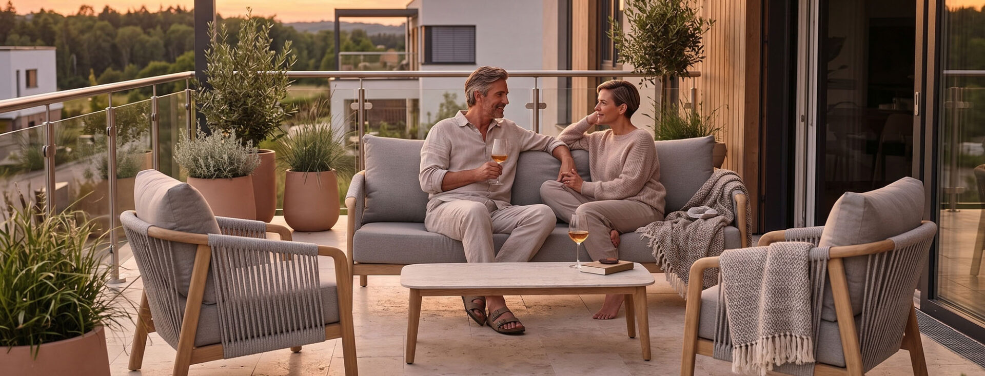 Terasa s hliníkovým záhradným nábytok a pár, ktorý si vychutnáva oddych